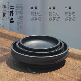 剑山水浅插花器皿陶瓷圆盘日式 陶瓷黑色无孔盆栽假山新中式 禅意盘