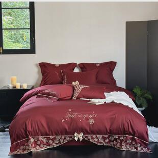 轻法式100支被套玫瑰刺绣全棉四件套红色结婚备婚婚庆简约日常