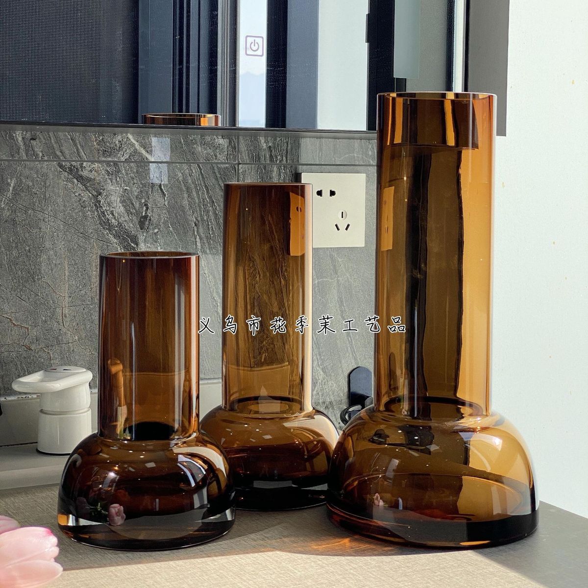 HJM-现代北欧琥珀色玻璃花瓶家居软装饰品酒店客厅电视柜餐桌插花