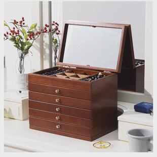 复古珠宝中式梳妆实木首饰盒收纳盒带镜子国风家用大容量多层
