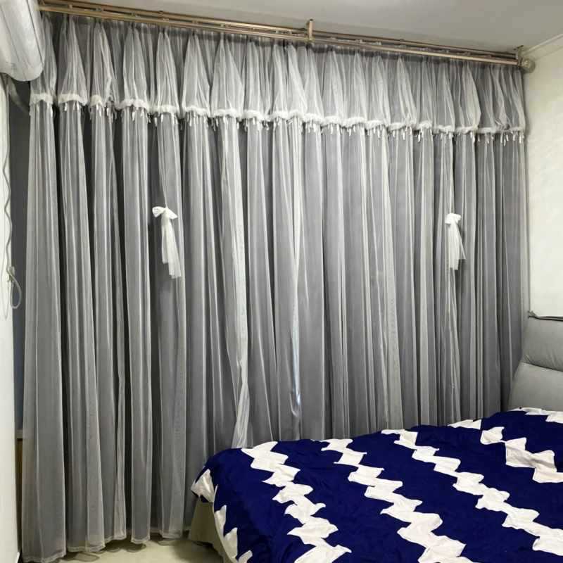 ins新款2022双层窗帘短帘公主风u型遮光带纱客厅卧室飘窗挂钩式