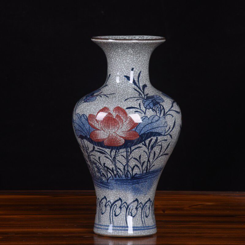 裂纹釉青花开片仿古青花荷花釉里红陶瓷花瓶摆件家居玄关装饰品