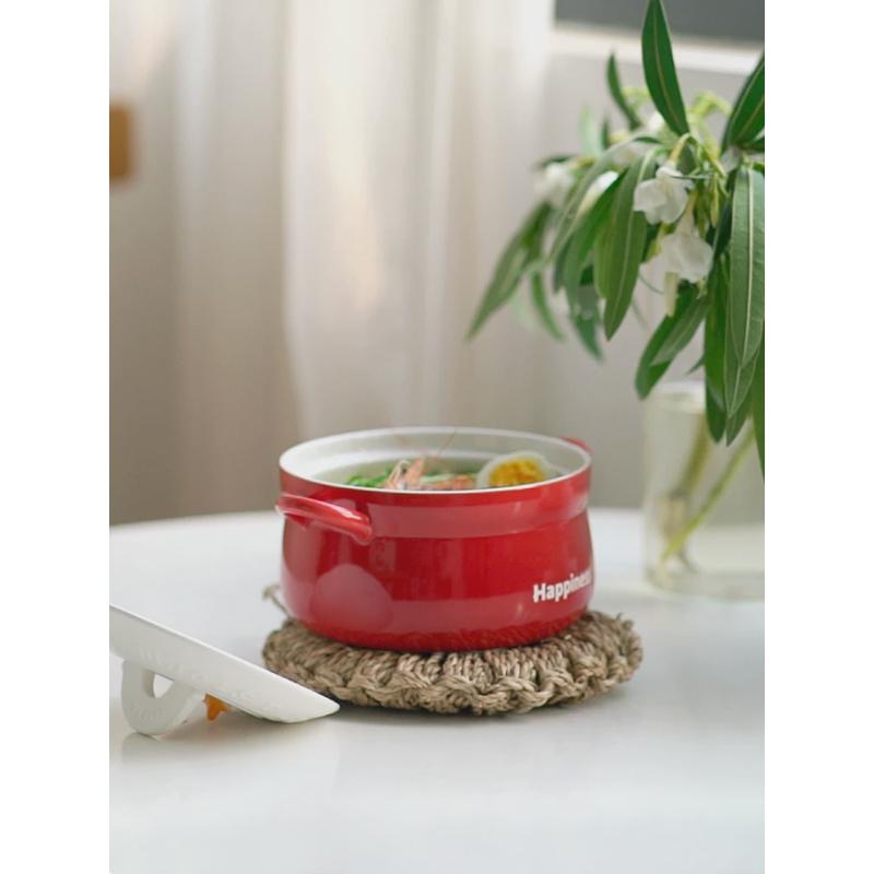 gju8批发萌动泡面碗带盖学生宿舍陶瓷双耳可爱把手方便面面碗大