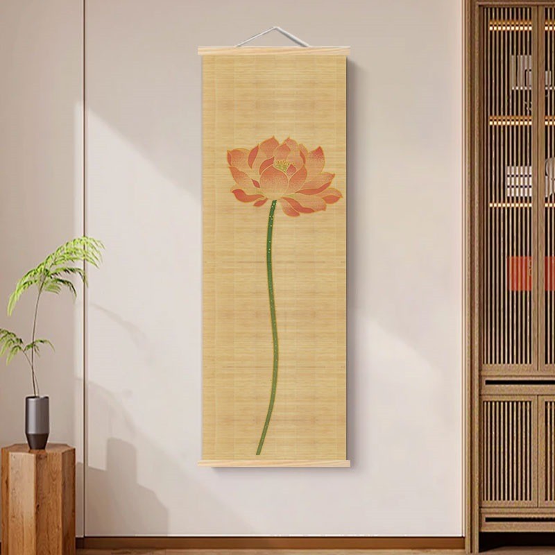 新中式荷花竹帘挂画客厅背景墙帘子挂帘玄关书房茶室复古装饰禅意