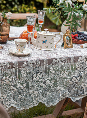 6b76长方形桌布ins风复古法式白色纯色圆桌布蕾丝台布茶几餐桌布