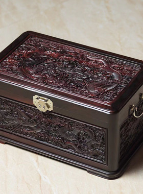 大红酸枝精雕龙凤呈祥珠宝箱红木复古嫁妆彩礼箱中式实木首饰盒