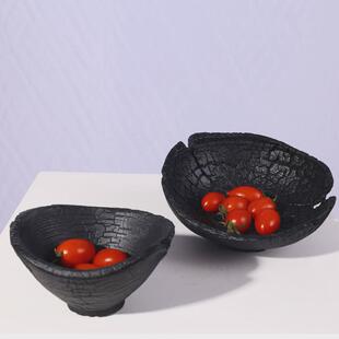 侘摆件风碳化木质黑色四脚果盘样板房客厅餐厅软装 家居饰品树脂寂