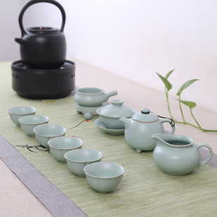 开片裂冰哥窑整套茶壶办公家用礼 ki9s天青色盖碗汝窑功夫茶具套装