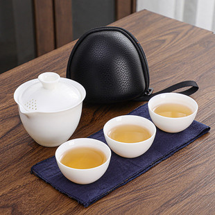 快客杯旅行功夫茶具套装 白瓷羊脂玉盖碗便携式 一壶三杯户外随身