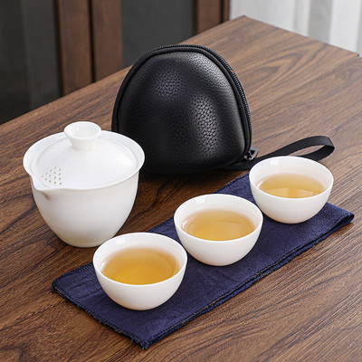 白瓷羊脂玉盖碗便携式快客杯旅行功夫茶具套装一壶三杯户外随身