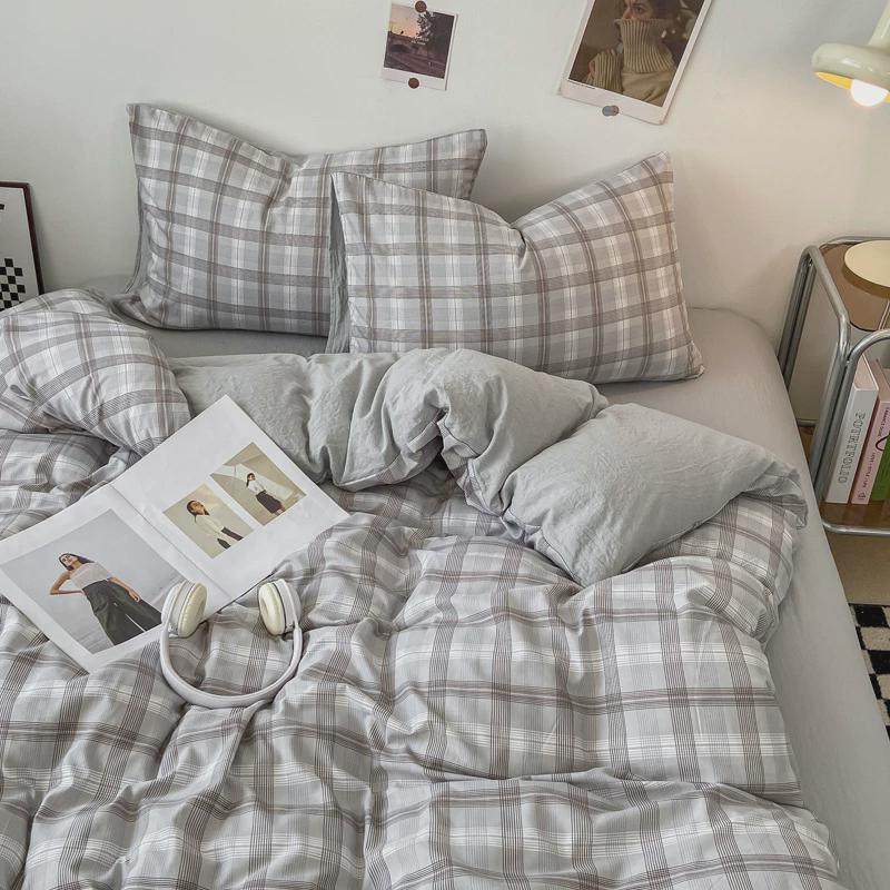 日系ins双层纱粉格子床上四件套水洗棉被套床单北欧宿舍三件套4床,床上用品,床品套件/四件套/多件套,淘宝优惠券,粉丝福利购,淘宝优惠卷