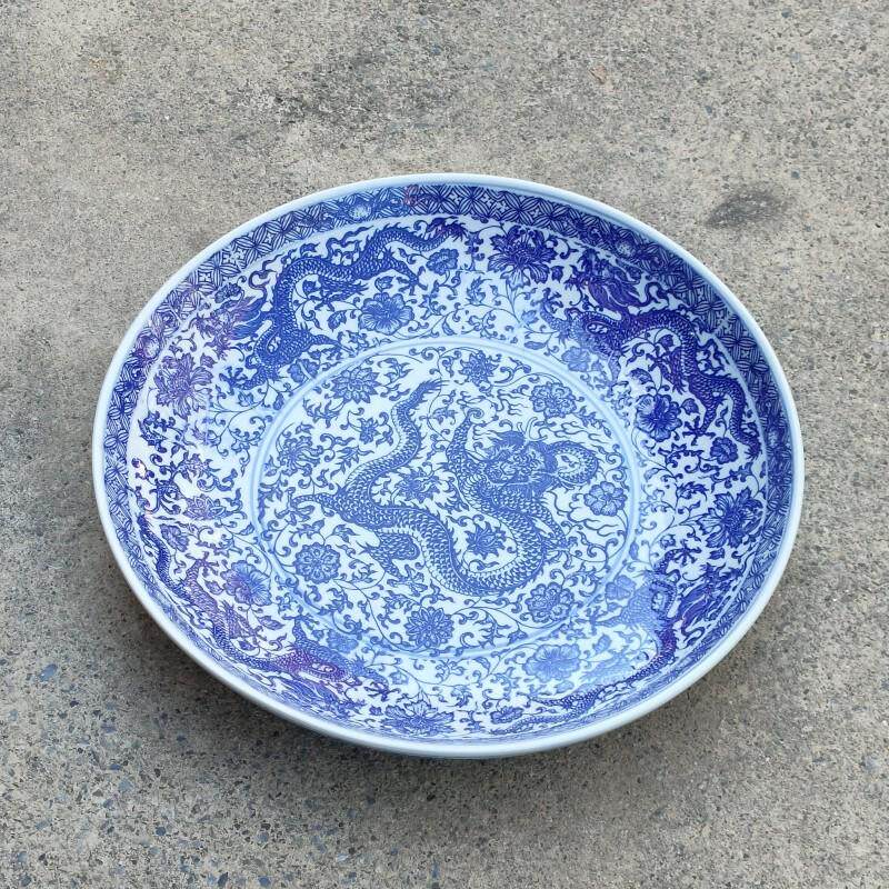 青花陶瓷蒸鱼盆酒店日用瓷盘大号拼盘椒鱼头盘鱼盘圆形深盘菜盘