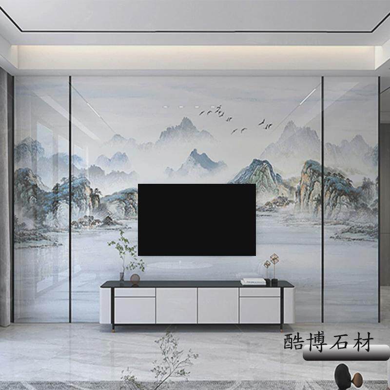 瓷砖电视背景墙效果图高温微晶石岩板现代简约客厅石材大板沙发墙