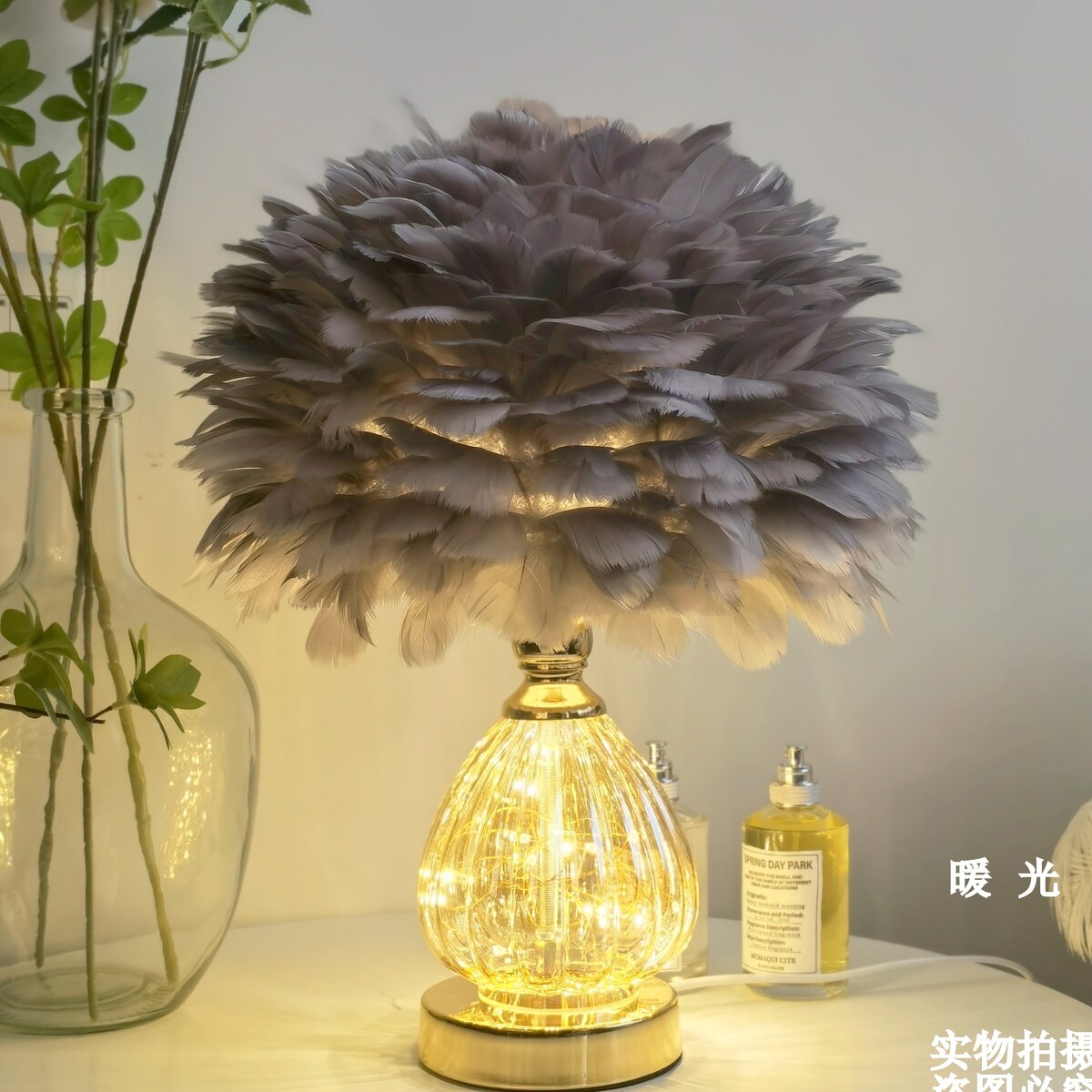 新款ins风客厅台灯可爱少女卧室led床头灯氛围装饰红羽毛灯