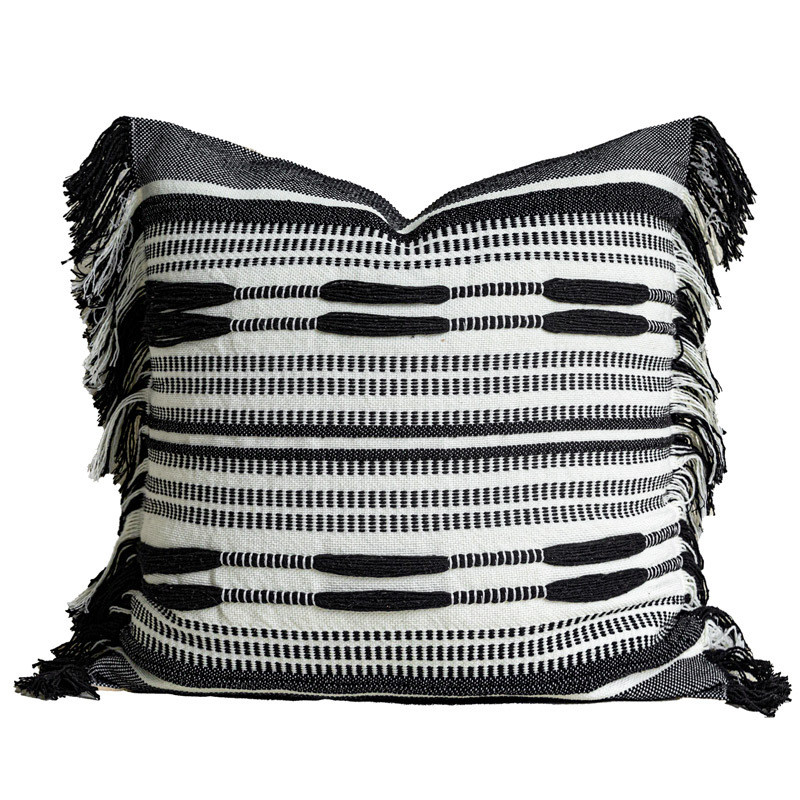 白抱枕沙发客厅棉麻流苏靠枕米北欧ins靠垫侘寂风民宿黑白长腰枕