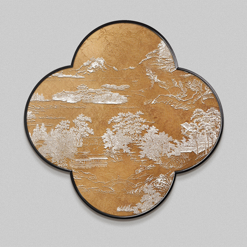 btk8新中式山水金箔画境立体浮雕茶室装饰画入户玄关圆形餐厅