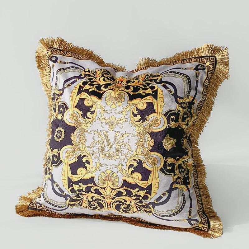 轻奢样板间金系列双面印花抱枕丽丝绒别墅客厅宫廷书房护腰靠枕垫