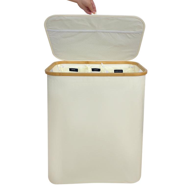 楠竹脏衣篓牛津布大容量分类标脏衣篮收纳筐内袋分隔竹制米色
