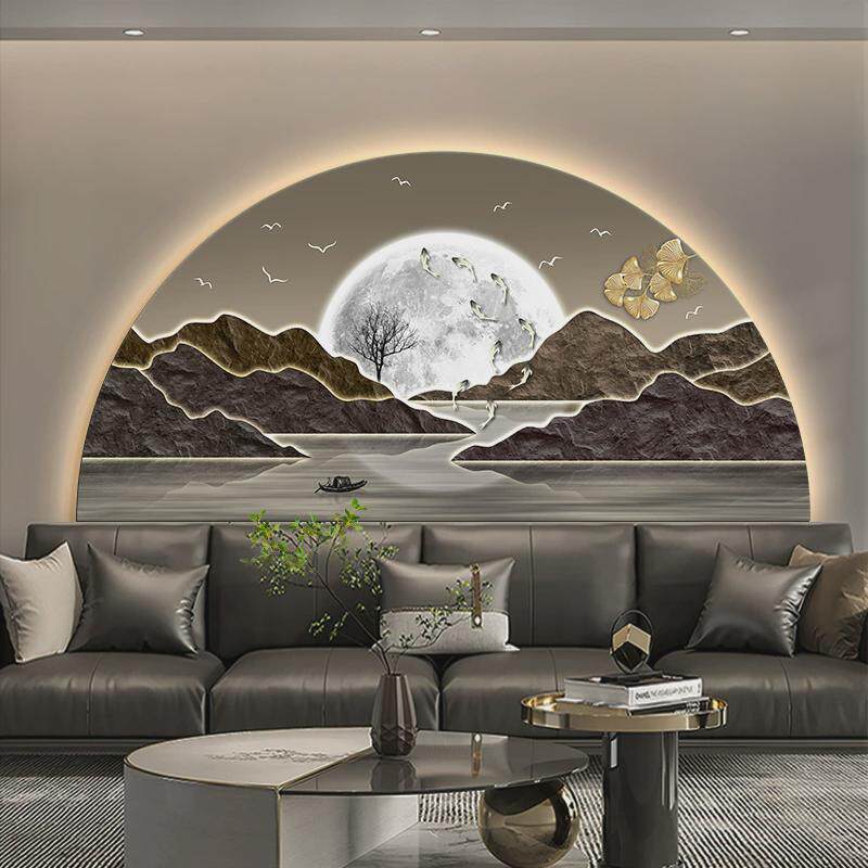流水生财客厅装饰画轻奢山水发光高级感大气沙发背景墙挂画壁灯画
