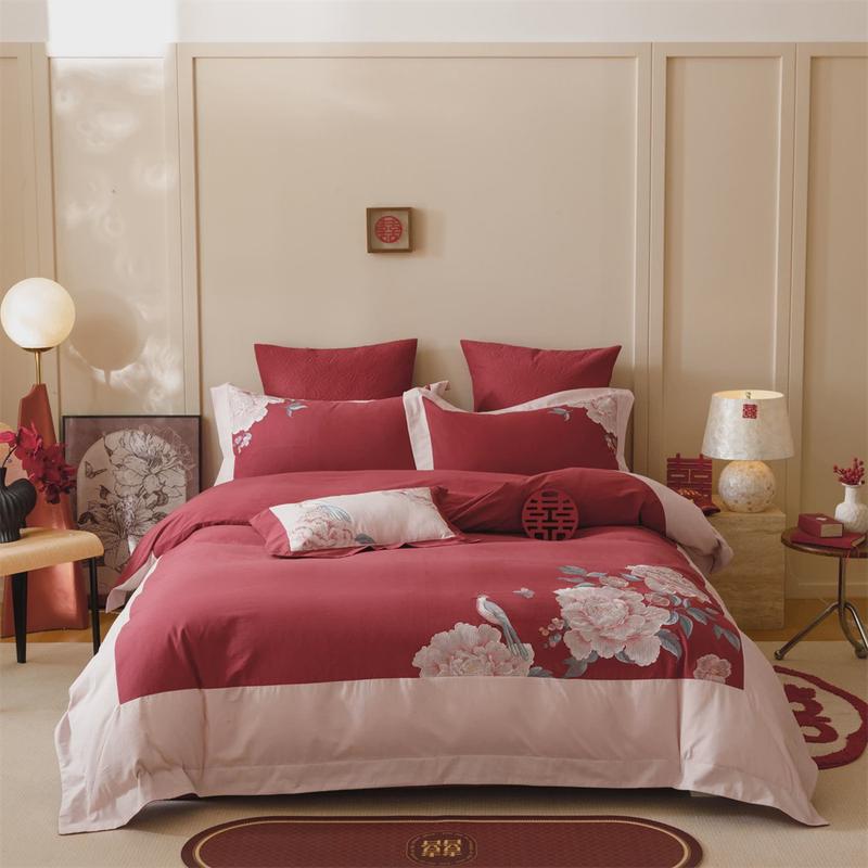 新中式婚庆100支全棉磨毛四件套花鸟红色被套床上用品刺绣结婚