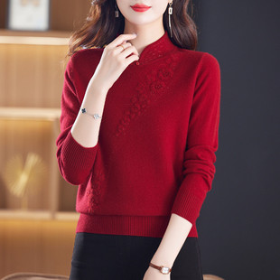 国风上衣本命年妈妈打底衫 100纯羊毛衫 女士红色毛衣秋冬新年中式