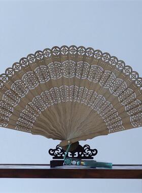 金丝楠木小叶桢楠古风扇苏扇松鹤延年图案扇子礼品镂空直播带货