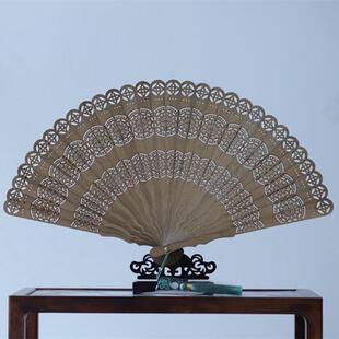 金丝楠木小叶桢楠古风扇苏扇松鹤延年图案扇子礼品镂空直播带货