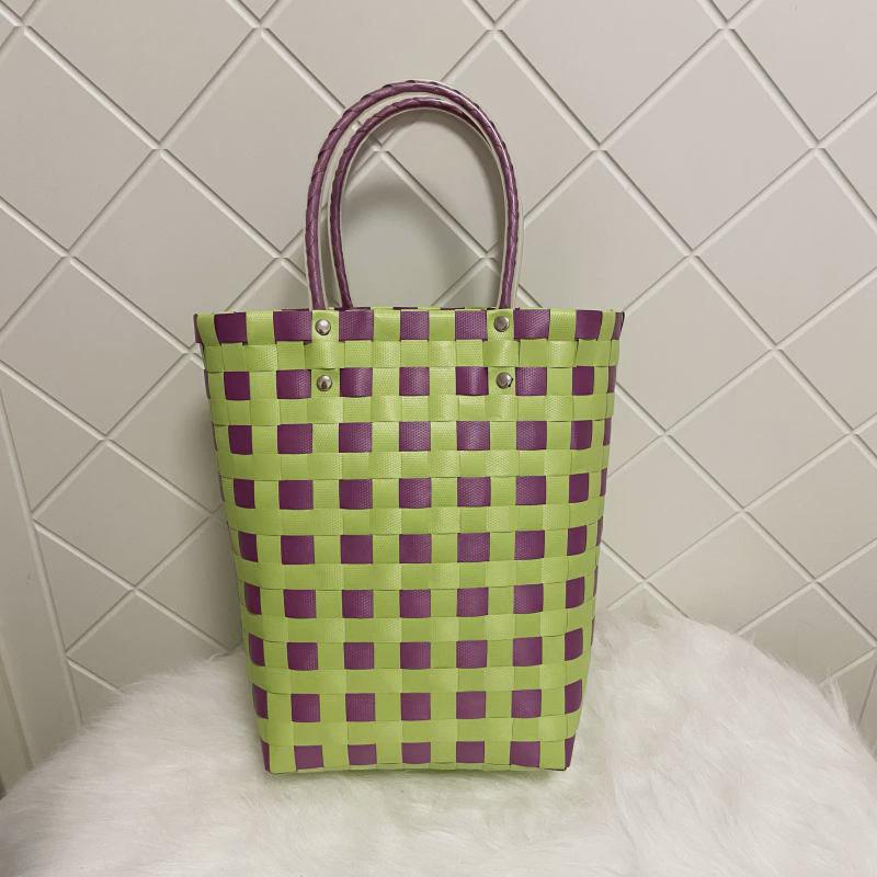 70yf新款手工编织菜篮子包礼品手提收纳袋可爱彩色清新格子塑料编