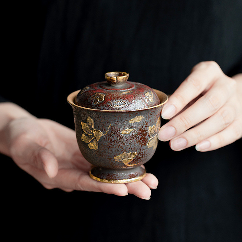 昌朴居老岩泥铁锈红赤金染春盖碗粗陶中式二才碗家用古朴陶瓷泡碗