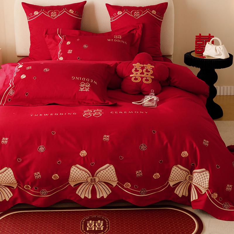 GZ6M浪漫婚庆120S长绒棉四件套喜字刺绣被套红色结婚床单床上