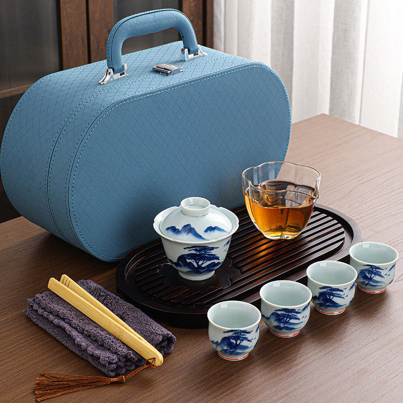 手绘旅行茶具套装户外便携式功夫茶具茶杯四杯陶瓷茶壶一壶带茶盘