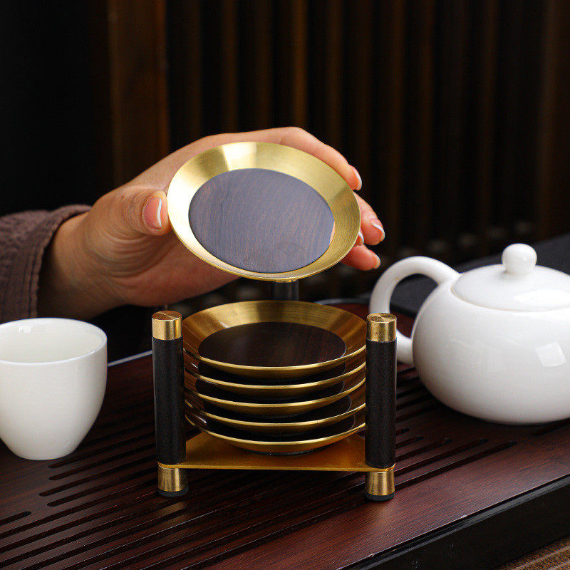 简约超级新品】实木杯垫家用功夫茶隔热垫套装【圆形茶托铜木茶艺