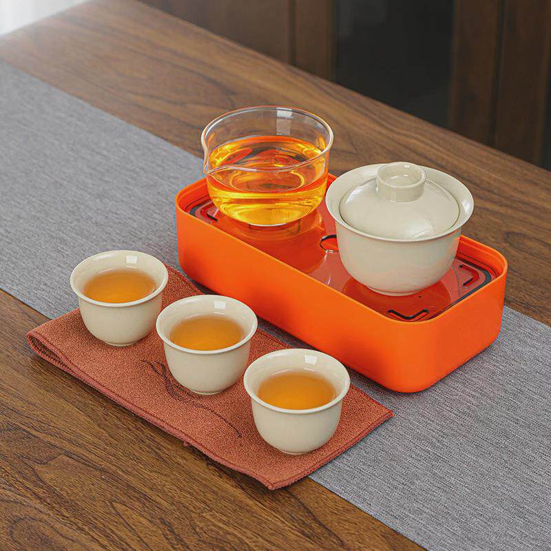 印象东方陶瓷旅行茶具茶盘套装便捷快客杯一壶三杯家用户外泡茶壶