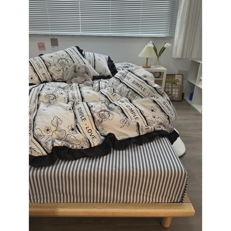 6B76韩系少女心复古ins风黑白花边被套水洗棉四件套床单1.8三件套