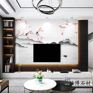 悬空岩板电视背景墙简约地台悬空岩板轻奢瓷砖大板木柜 客厅新中式