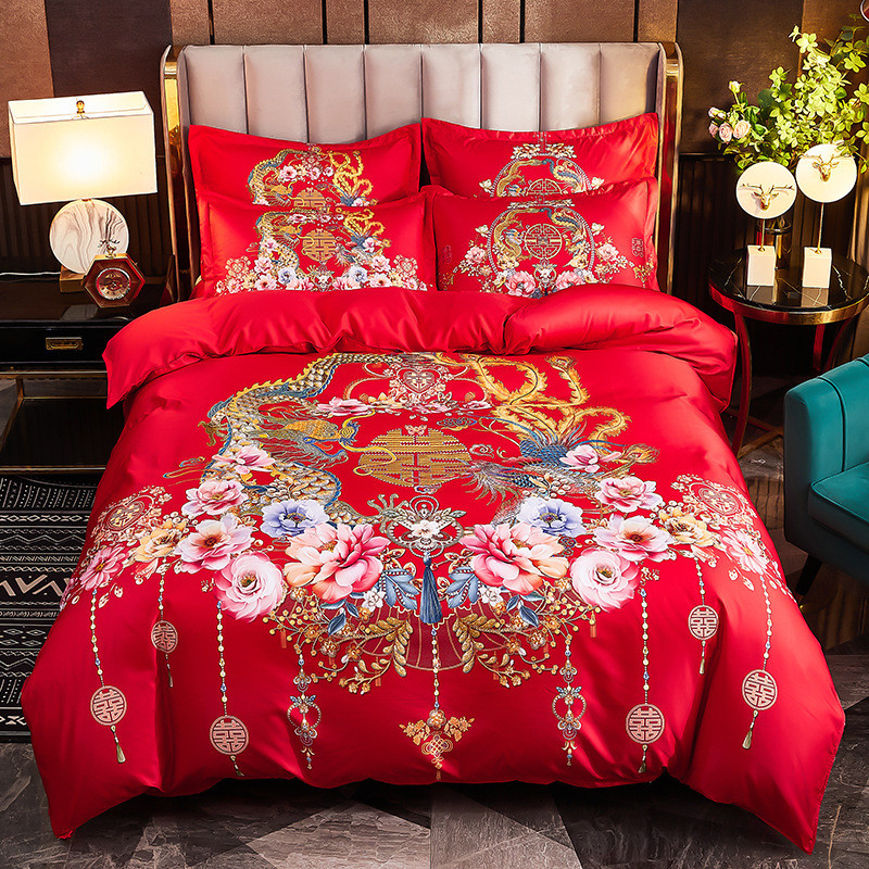 嫁水洗棉磨毛结婚床上四件套新婚庆床品床单婚礼大红色喜被套床笠