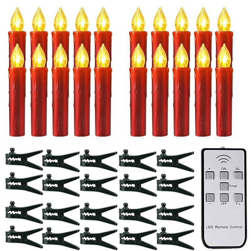 led电子蜡烛灯红色外壳夹子带定时圣诞树装饰7键遥控杆蜡