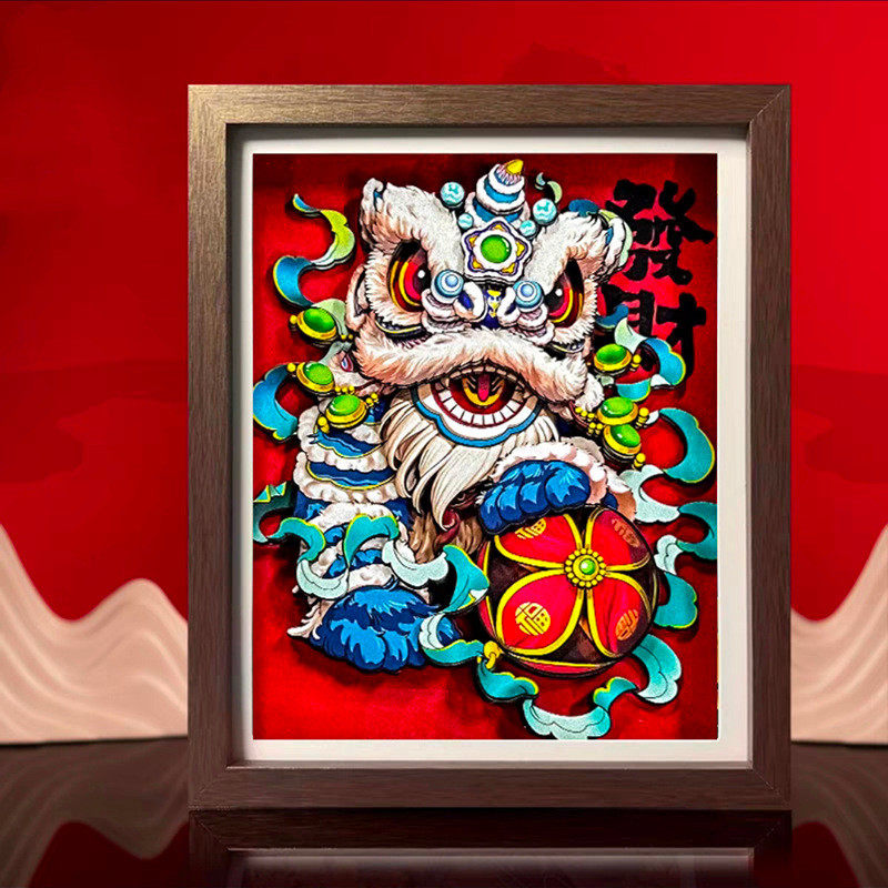 国潮相框摆台醒狮摆件装饰画框框遗工艺品展示非剪纸文创相框