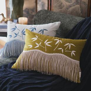 慢松球原创 竹子绣花流苏丝绒抱枕 覆古中式轻奢客厅沙发靠垫腰枕