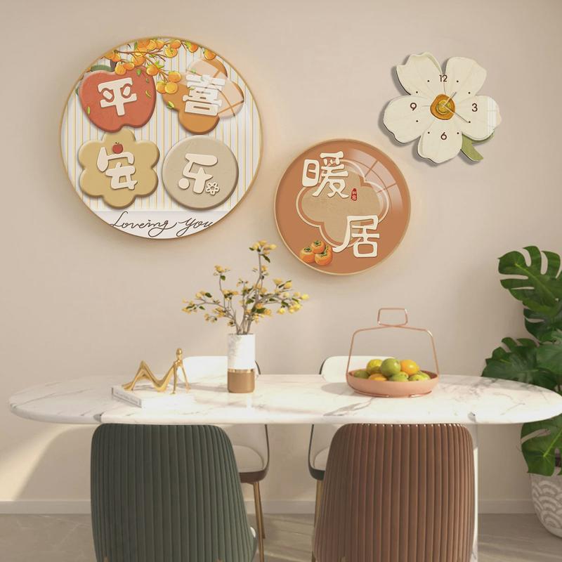 餐厅装饰画北欧小清新组合挂画创意花朵挂钟饭厅背景墙面圆形壁画