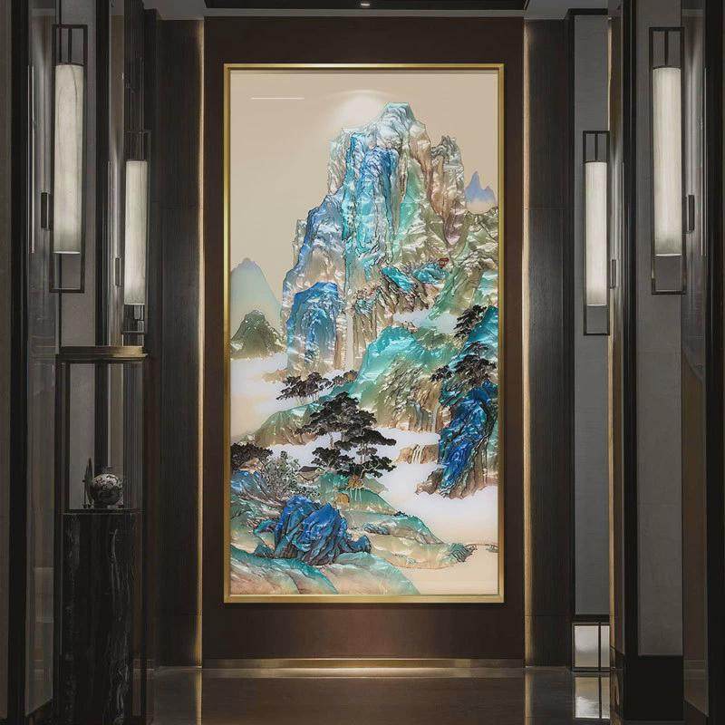 手绘新中式珐琅彩装饰画入户玄关走廊挂画屏风隔断壁画山水办公室