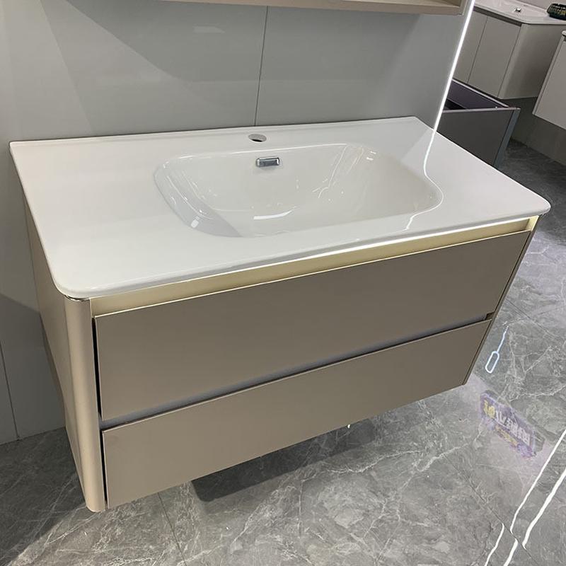 全不锈钢圆弧形吊柜简约百搭陶瓷一体盆智能感应灯镜柜浴室柜组合