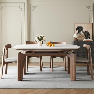 侘寂风可伸缩岩板餐桌椅组合中古大象腿实木餐台长方形方桌变圆桌