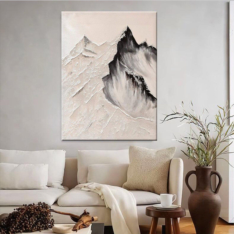 手绘立体肌理油画奶油风客厅背景墙装饰画白色山风景卧室餐厅挂画