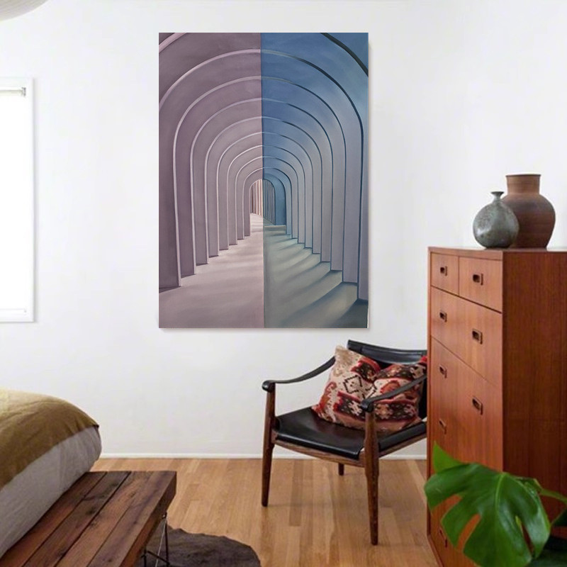 纯玄关手绘油画空间延伸感长廊客厅抽象建筑挂画轻奢高级感装饰画
