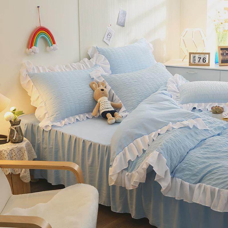 夏日床单公主风荷叶花边被套四件套水洗棉纯白床裙被罩宿舍三件套
