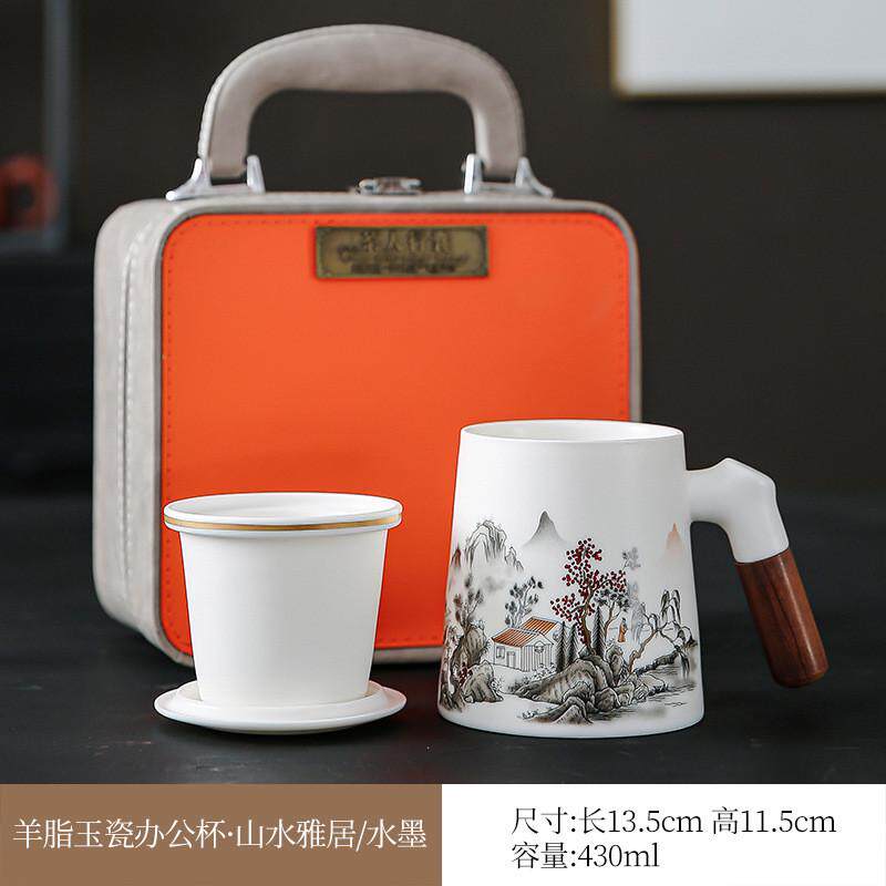 德化羊脂玉瓷办公过滤杯三件套杯子套装家用办公室泡茶杯商务礼品