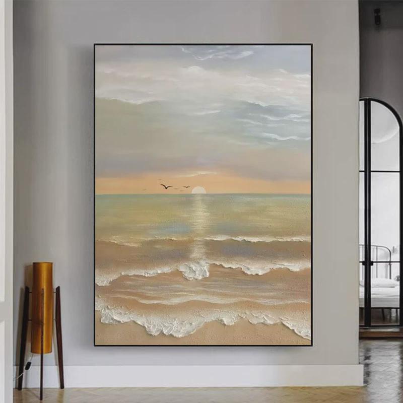纯肌理客厅现代装饰画海景日出风景手绘油画画玄关竖版挂画奶油风