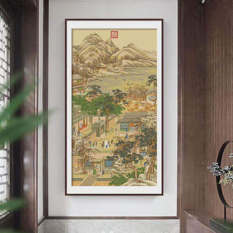 雍正十二月十字绣2024新款线绣竖版客厅玄关古典名画新中式满绣