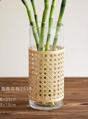 日式培装饰品客厅摆件装饰花瓶玻璃绿侘萝干花软装寂水编织复古。